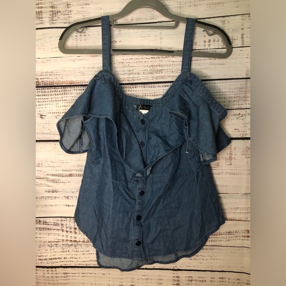 VENUS Blue Sleeveless Blouse with Ruffled Neckline - Picture 2 of 12
